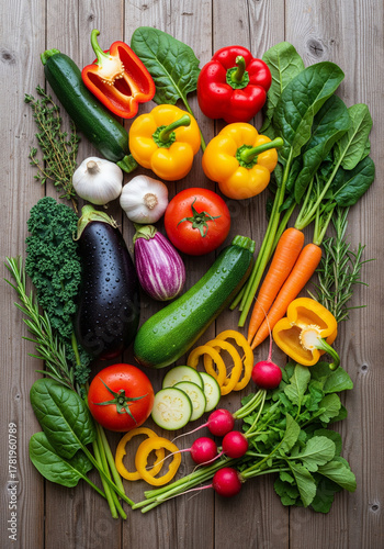 An assortment of fresh, vibrant vegetables arranged artfully on a rustic wooden surface, showcasing a healthy and colorful bounty