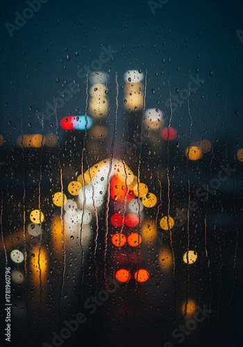 Mesmerizing cityscape at night viewed through a window covered in raindrops, creating a vibrant bokeh of blurred streetlights and a contemplative urban atmosphere