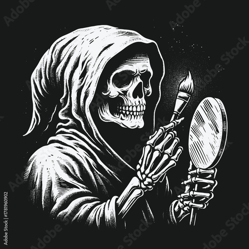 The Grim Reaper as an artist painting its reflection in a mirror.