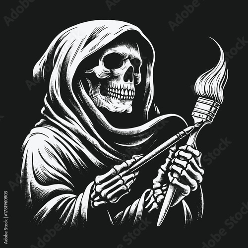 Monochrome Grim Reaper skeleton artist holding a paintbrush and pen.