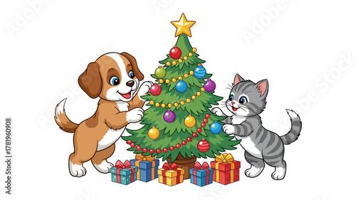 Festive Friends Decorating: A playful pup and a cute kitten decorate Christmas tree together, filled with colorful ornaments and wrapped gifts beneath, spreading cheer.