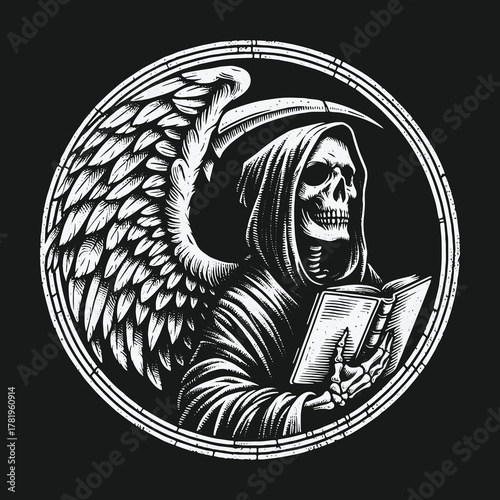 Monochrome illustration of the Grim Reaper with an angel wing reading a book.