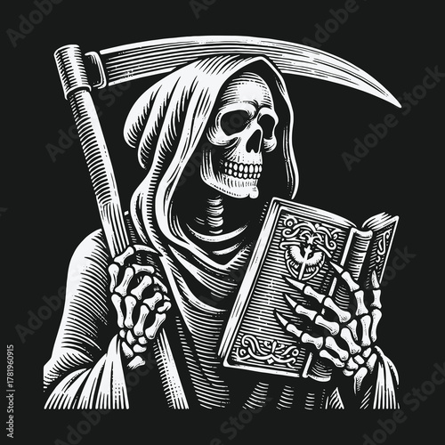 Monochromatic vintage illustration of the Grim Reaper reading a book.