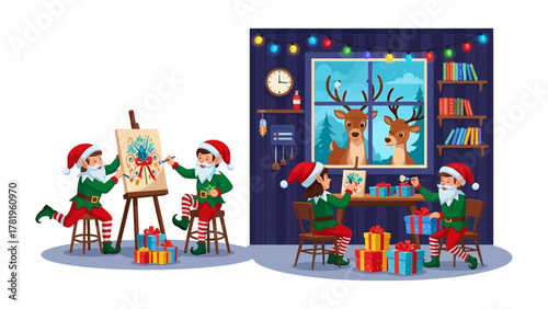 Christmas Elves Festive Art Creation: Charming Christmas elves collaborate, creating holiday-themed art in a cozy, decorated space, embodying the joyful spirit of the season.