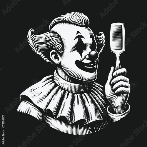 Monochrome Engraved Illustration of a Smiling Clown Holding a Comb.