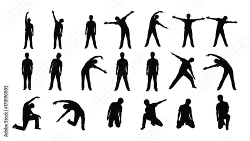 Human silhouette stretching and exercise poses isolated on white background, Vector