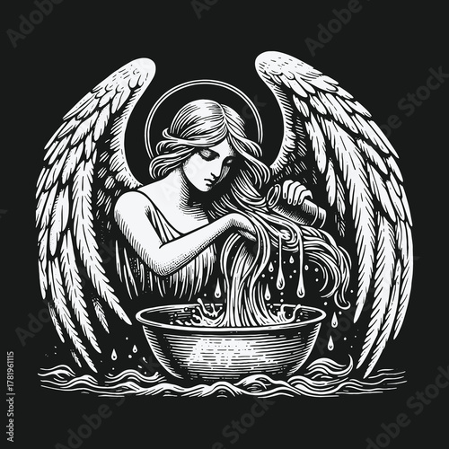 Monochrome vintage engraving of a beautiful angel washing her long hair.