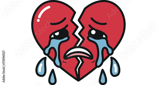 Vector of broken heart symbol with crying face and tears, emotional breakup concept.