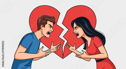 Vector illustration of man and woman arguing with angry expressions, broken heart background.