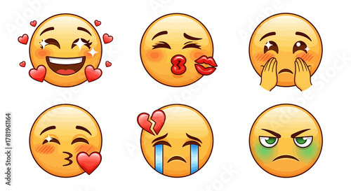 Vector pack of love-themed emoji faces showing happiness, kissing, shy, heartbreak, and jealousy.