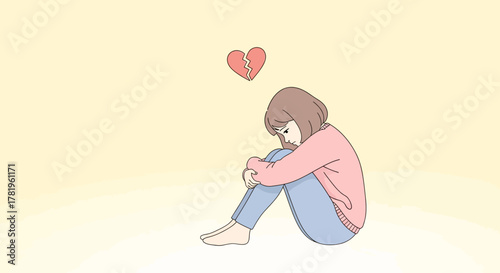Vector of girl sitting with broken heart symbol, minimalist flat style and pastel colors.
