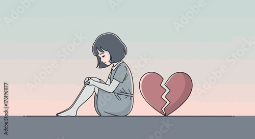 Vector of girl sitting with broken heart symbol, minimalist flat style and pastel colors.