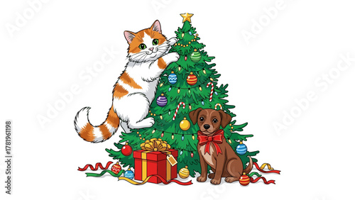 Festive Companions: A charming illustration depicts a playful kitten and a loyal puppy, surrounded by festive decorations, sharing in the joy of the holiday season.
