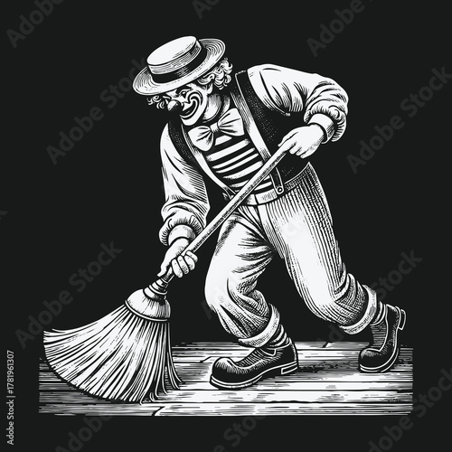Vintage Engraving Style Clown Sweeping a Wooden Floor.