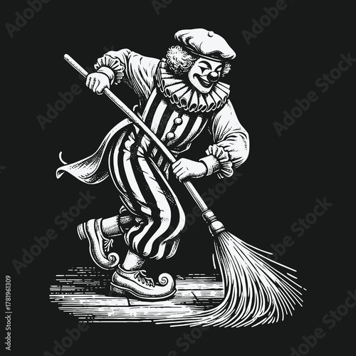 Vintage Engraving Style Illustration of a Sweeping Clown.