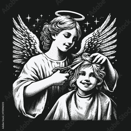 Vintage Engraving Style Illustration of an Angel Giving a Child a Haircut.