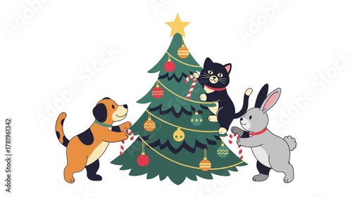 Festive Companions: A heartwarming scene unfolds as a playful puppy, a curious cat, and a fluffy rabbit joyfully decorate a Christmas tree, radiating warmth and the spirit of the season.