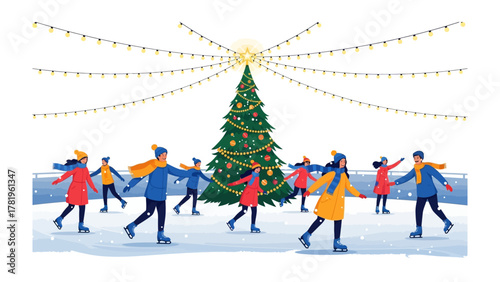 Joyful Skate in Winter Wonderland: A group of people skating in a beautiful winter landscape. Celebrating the festive season with a decorated Christmas tree and string lights.