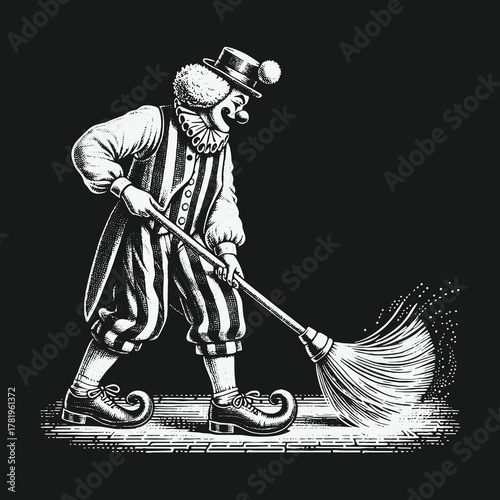 Vintage Engraving Style Illustration of a Clown Sweeping the Floor.