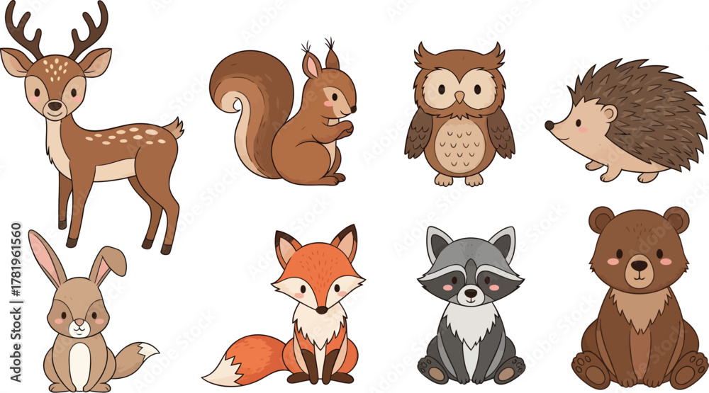 Naklejka premium Cute Woodland Forest Animals Adorable Baby Creatures