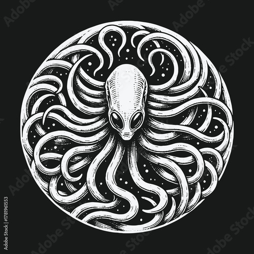 Cosmic alien octopus creature with swirling tentacles in space.