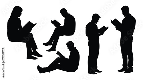 People reading silhouettes isolated on white background, Vector