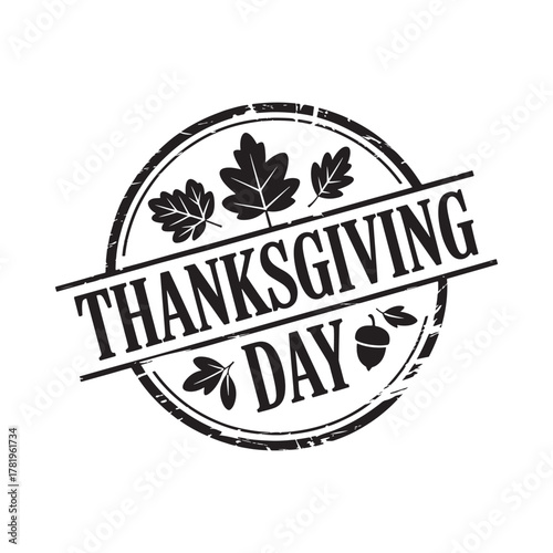 Thanksgiving day stamp with autumn leaves and acorns