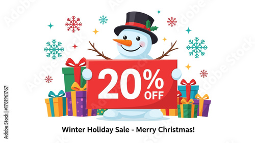 Snowman's Winter Offer: A cheerful snowman, adorned with a top hat and carrot nose, offers a tempting 20% discount on gifts, celebrating the holiday season.