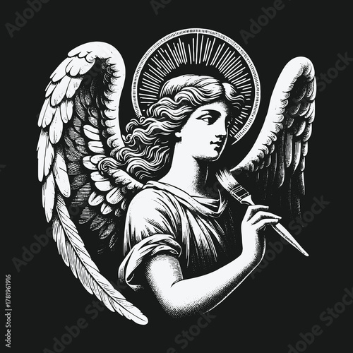 Black and white vintage illustration of a celestial angel with a halo holding a paintbrush.