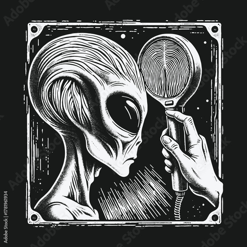 Monochrome illustration of an alien being interviewed with a vintage microphone.