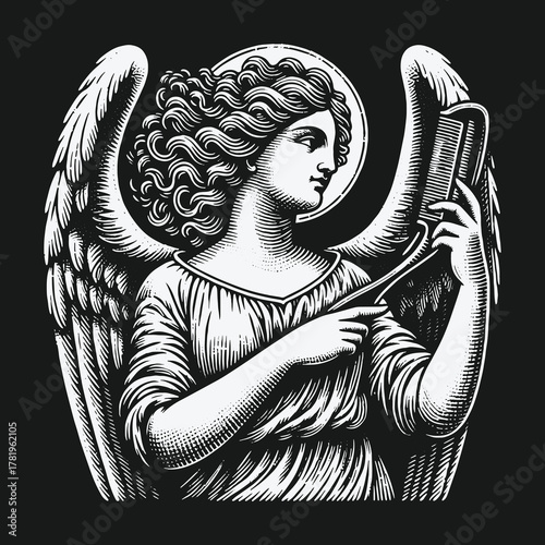 Vintage engraving style illustration of an angel combing her hair.