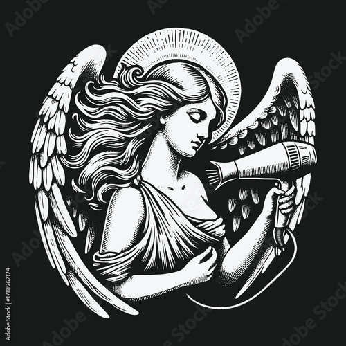 Monochrome Engraving Style Angel with Halo and Wings Drying Hair with a Hairdryer.