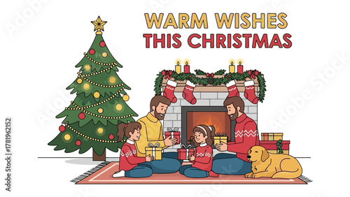 Cozy Christmas Celebration: A heartwarming scene unfolds as a family gathers to exchange gifts around a decorated fireplace and a Christmas tree, filled with the warmth of the holiday spirit.