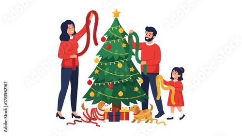 Family Decorates Christmas Tree: A family joyfully decorates a vibrant Christmas tree with ornaments and ribbons, embracing the festive spirit and togetherness. The image evokes feelings of warmth.