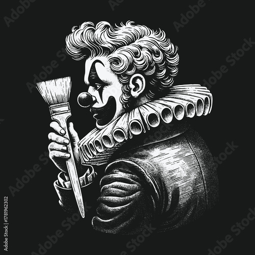 Monochrome vintage illustration of a clown artist holding a paintbrush.