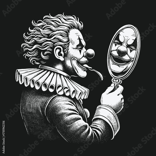 Vintage Engraving Style Clown Staring into a Hand Mirror.