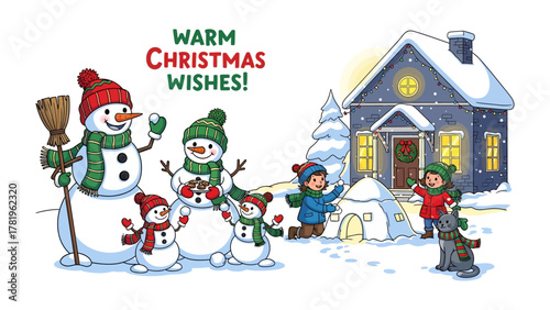 Warm Christmas Wishes: A cheerful winter scene unfolds, where snowmen and children frolic in the snow and spread holiday cheer in front of a cozy, snow-covered home.