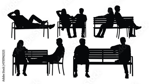 People silhouettes on benches isolated on white background, Vector