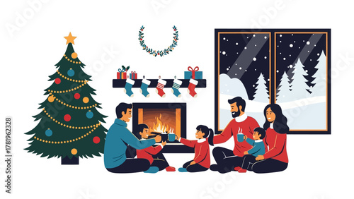 Holiday Harmony: A family gathers around a warm fireplace, illuminated by the glow of a decorated Christmas tree and presents, creating a picture of holiday joy and togetherness.