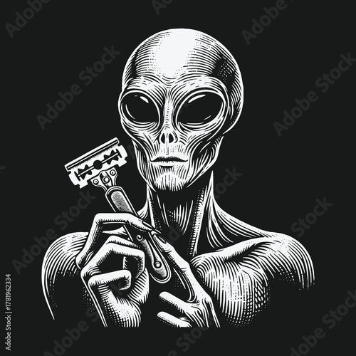 Monochrome engraving style illustration of an alien holding a safety razor.