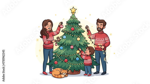Family Christmas Traditions: A heartwarming scene unfolds as a family decorates their Christmas tree. Filled with seasonal ornaments and twinkling lights.