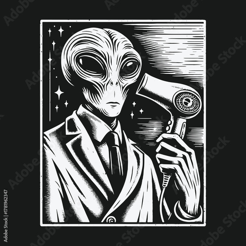 Monochrome woodcut style illustration of an alien in a suit holding a hairdryer.