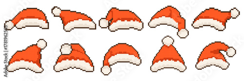 Pixel Santa hat red Christmas game icon vector set. Retro computer 8 bit pixel art holiday Santa Claus costume elements
