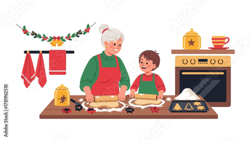 Holiday Baking Moment: A heart warming scene captures the joy of holiday baking, where a grandmother and grandchild share a special time, creating delicious treats together.