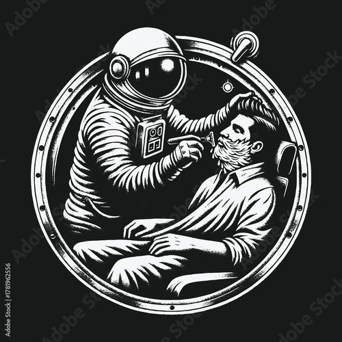 Astronaut Barber Giving a Straight Razor Shave to a Monster in Space.