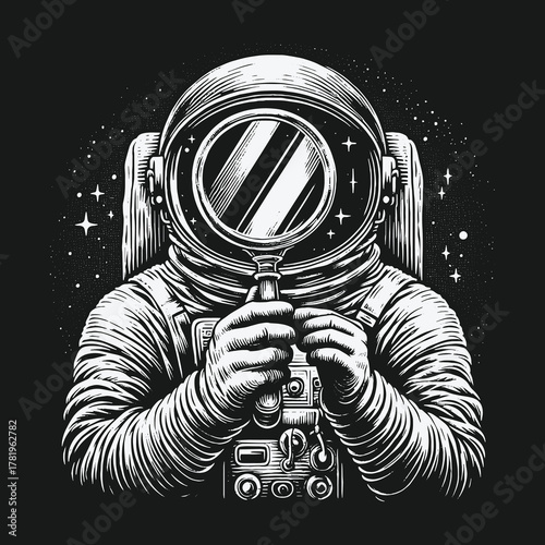 Monochrome astronaut explorer searching the cosmos with a magnifying glass.