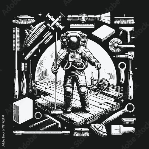 Cosmic Custodian An Astronaut with Mop and Brushes in Space.