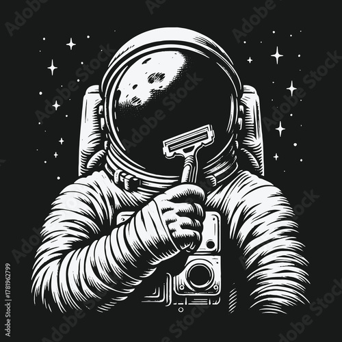 Vintage monochrome illustration of an astronaut shaving in outer space.