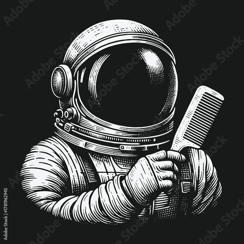 Monochrome Engraving of an Astronaut Holding a Comb.