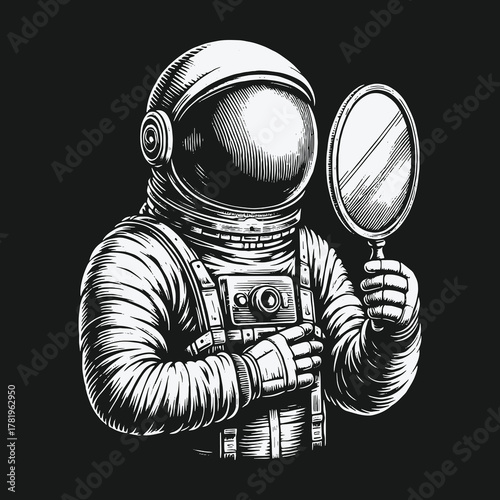 Vintage style astronaut in a spacesuit looking into a hand mirror.